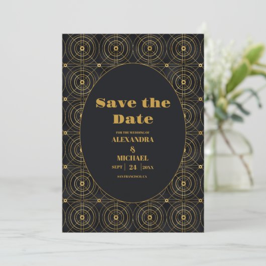 Glamoureuze zwart en goud Art Deco bruiloft Save The Date (Staand voorkant)