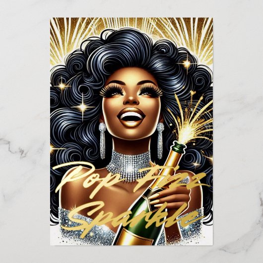 Glamoureuze zwarte vrouw die champagne drinkt op n folie feestdagenkaart (Voorkant)