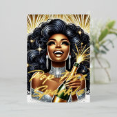 Glamoureuze zwarte vrouw die champagne drinkt op n folie feestdagenkaart (Staand Voorkant)