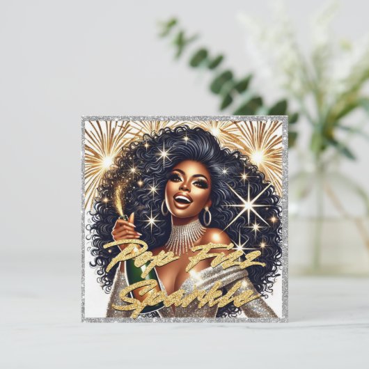 Glamoureuze Zwarte Vrouw die Champagne Kerstboom N Kaart (Staand voorkant)