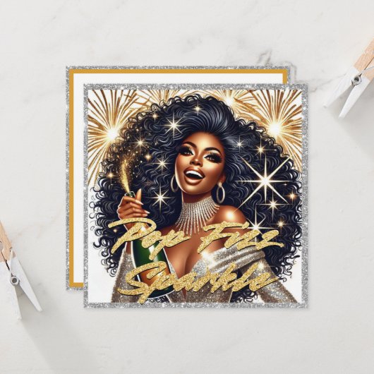 Glamoureuze Zwarte Vrouw die Champagne Kerstboom N Kaart (Voorkant / Achterkant in situ)