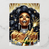 Glamoureuze zwarte vrouw die champagne laat spuite folie feestdagenkaart (Voorkant)