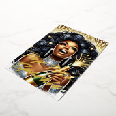 Glamoureuze zwarte vrouw die champagne laat spuite folie feestdagenkaart (Gedraaid)