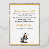 Glamoureuze zwarte vrouw die champagne laat spuite folie feestdagenkaart (Achterkant)