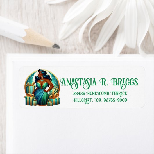 Glamoureuze zwarte vrouw feestelijk stijlvolle ker etiket (Insitu)