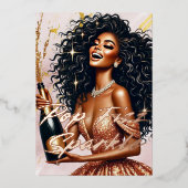 Glamoureuze Zwarte Vrouw Popping Champagne NYE Par Folie Uitnodiging (Voorkant)