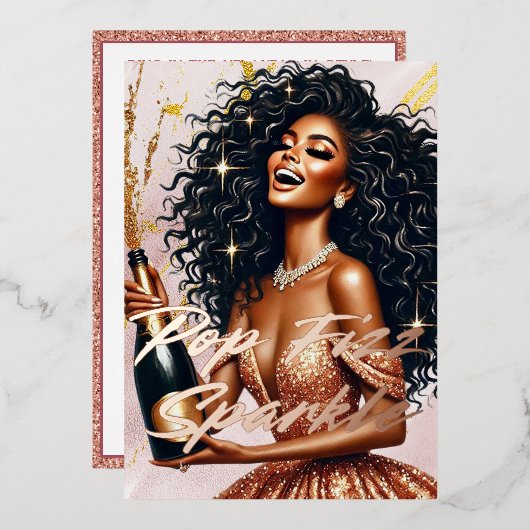Glamoureuze Zwarte Vrouw Popping Champagne NYE Par Folie Uitnodiging (Voorkant / Achterkant)