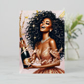 Glamoureuze Zwarte Vrouw Popping Champagne NYE Par Folie Uitnodiging (Staand Voorkant)