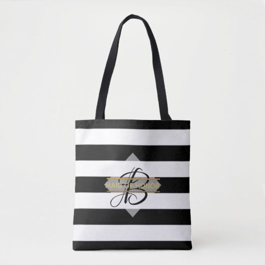 Glamoureuze zwarte witte streep MONOGRAM Canvas ta Tote Bag (Voorkant)