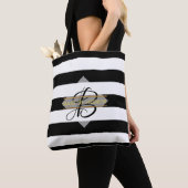 Glamoureuze zwarte witte streep MONOGRAM Canvas ta Tote Bag (Dichtbij)