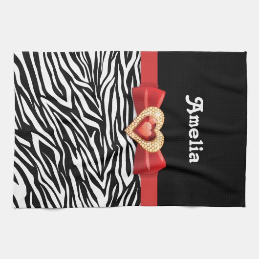 Glamoureuze Zwarte witte zebra print, rode strik & Theedoek (Horizontaal)