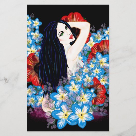 Glamourmodel in klaproos bloembed, kunst door Leah Briefpapier (Voorkant)