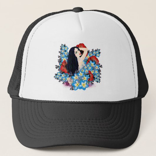 Glamourmodel in papaverbloembed, kunst van LeahG Trucker Pet (Voorkant)