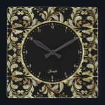 Glamours Zwart, Goud en Wit Glitter Vierkante Klok<br><div class="desc">Deze gouden, witte en glitter bloemige wervelt lijst over een zwarte achtergrond waardoor dit ontwerp een glamoureuze uitstraling heeft. Perfect voor de bruidegom van een meisje. Het zou een dramatische blik op donkere muren geven.</div>