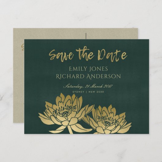 GLAMOURUS GOUDE GROENE LOTUSBLOEMEN SAVE THE DATE AANKONDIGINGSKAART (Voorkant / Achterkant)