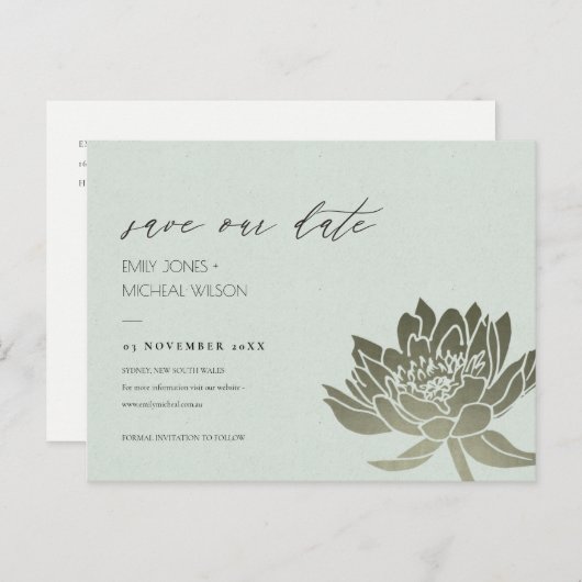 GLAMOURUS PALE BLAUWE ZILVEREN LOTUS SAVE THE DATE AANKONDIGINGSKAART (Voorkant / Achterkant)