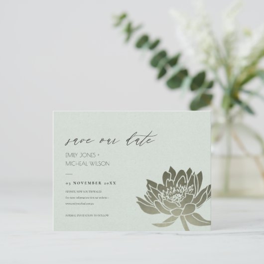 GLAMOURUS PALE BLAUWE ZILVEREN LOTUS SAVE THE DATE AANKONDIGINGSKAART (Staand voorkant)