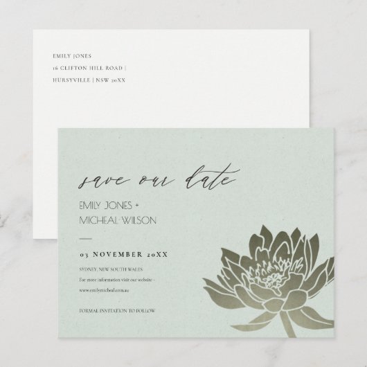 GLAMOURUZE BLEKE BLAUWE ZILVEREN LOTUS SAVE THE DA AANKONDIGINGSKAART (Voorkant / Achterkant)