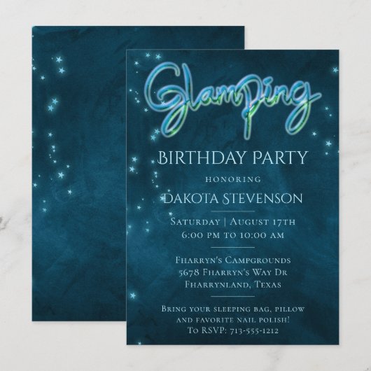 Glamping Birthday Party | Donkere Neon Blue Blauwg Kaart (Voorkant / Achterkant)