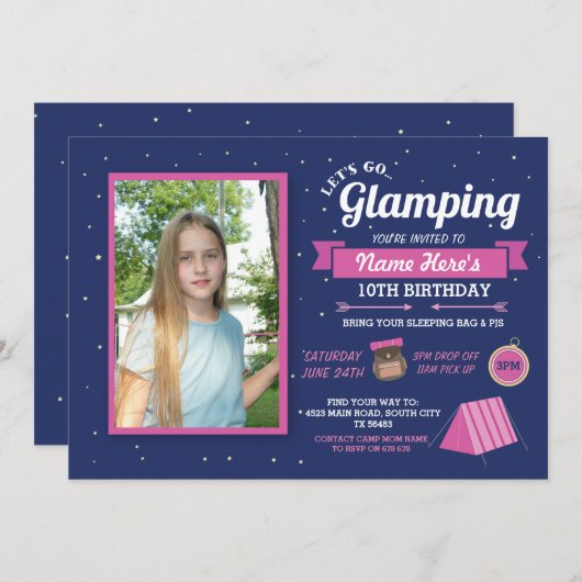 Glamping Camp Photo Sleep over de uitnodiging van  (Voorkant / Achterkant)