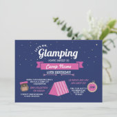 Glamping Camping Navy Pink Girl's Uitnodiging (Staand voorkant)
