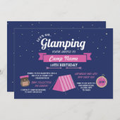 Glamping Camping Navy Pink Girl's Uitnodiging (Voorkant / Achterkant)