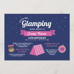 Glamping Camping Navy Pink Girl's Uitnodiging