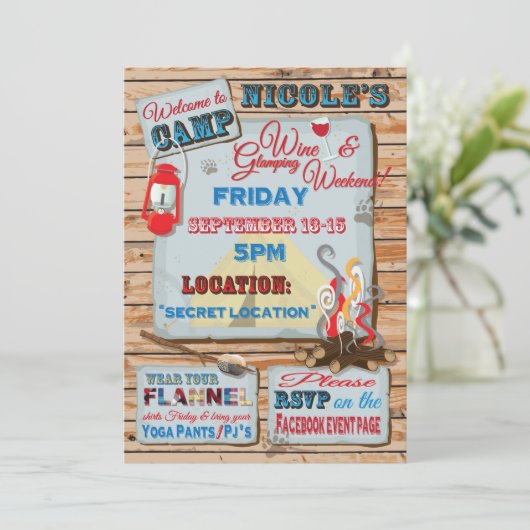 Glamping en wijn weekend feest kaart (Staand voorkant)