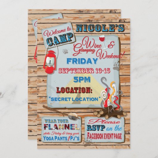 Glamping en wijn weekend feest kaart (Voorkant / Achterkant)