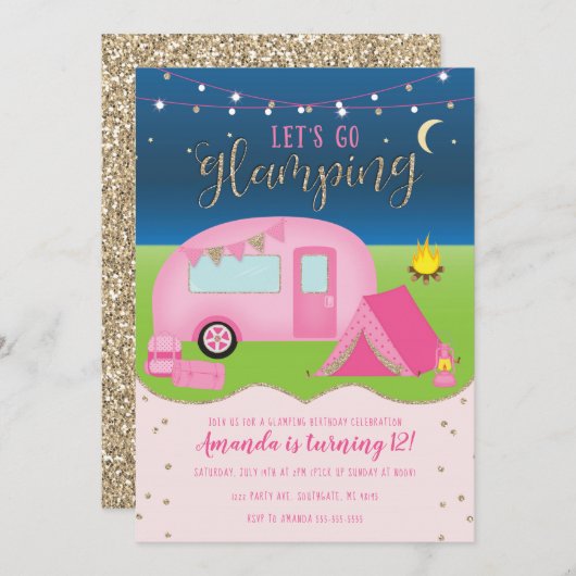 Glamping Girls Camping Birthday Invitation Kaart (Voorkant / Achterkant)
