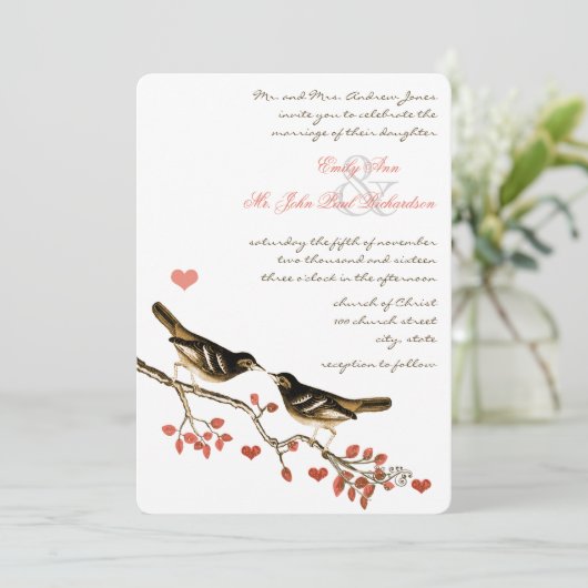 Glamping Lovebird Coral Enchanted Forest Wedding Kaart (Staand voorkant)