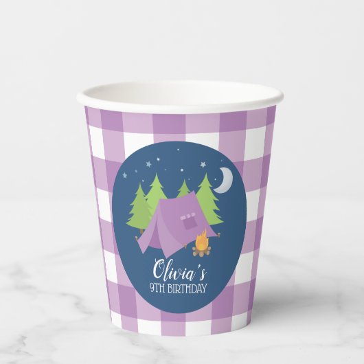 Glamping Meisje Camping Verjaardagsfeestje paarse Papieren Bekers (Voorkant)