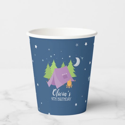Glamping Meisje Camping Verjaardagsfeestje paarse  Papieren Bekers (Voorkant)