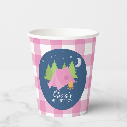 Glamping Meisje Camping Verjaardagsfeestje roze pl Papieren Bekers (Voorkant)