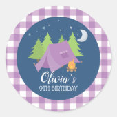 Glamping Paarse plaid Camping Sleepover Verjaardag Ronde Sticker (Voorkant)