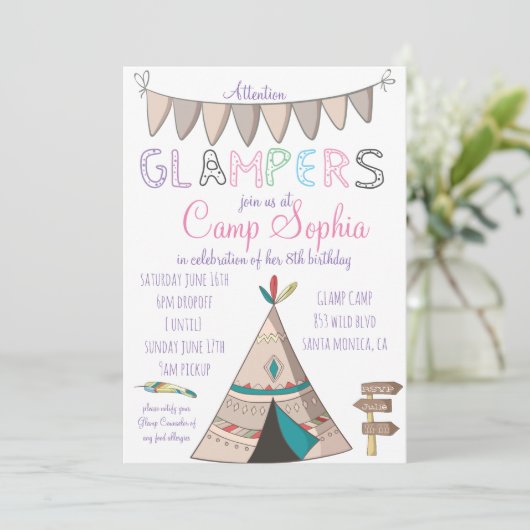 Glamping thema verjaardagsuitnodiging kaart (Staand voorkant)