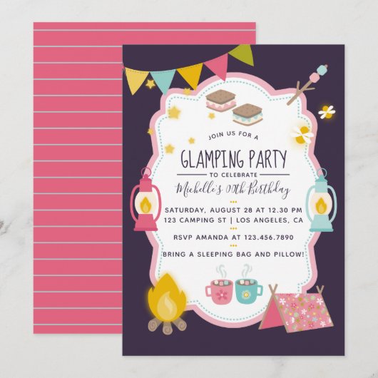 Glamping verjaardagsfeest uitnodiging (Voorkant / Achterkant)