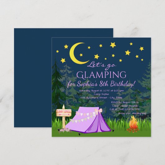 Glamping verjaardagsfeestje uitnodigingen (Voorkant / Achterkant)