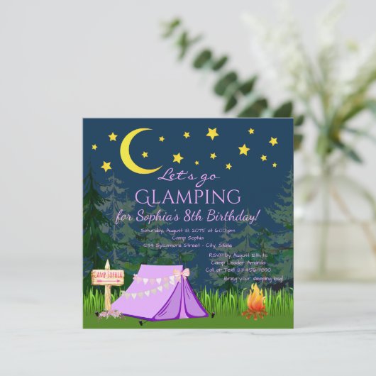 Glamping verjaardagsfeestje uitnodigingen (Staand voorkant)