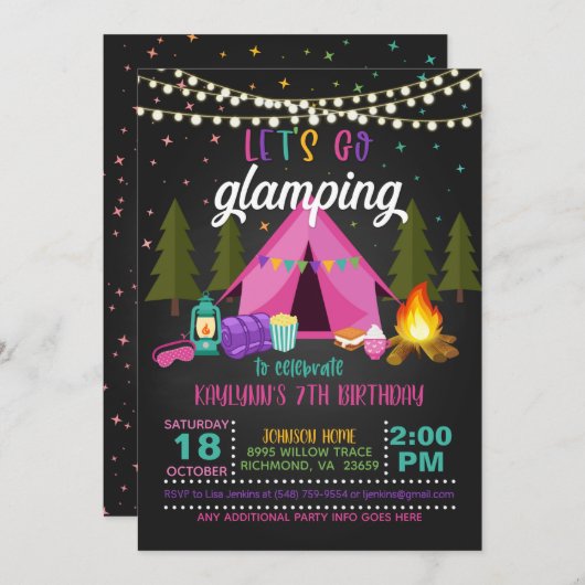 Glamping verjaardagsuitnodiging kaart (Voorkant / Achterkant)