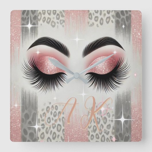 Glamroze glitterwimpers monogram vierkante klok (Voorkant)
