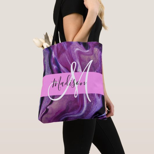 Glans Abstract Paarse Glans Textuur Roze Monogram Tote Bag (Dichtbij)
