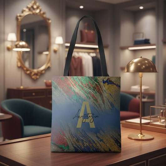 Glans Luxe Goud Glitter Abstract Marmer Monogram Tote Bag