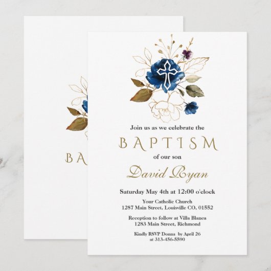 Glans Navyblauw Gouden Bloem Wit Kruis Jongens Doo Kaart (Voorkant / Achterkant)