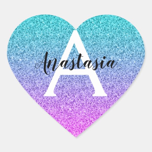 Glans Paars Aqua Glitter Glans Gradiënt Monogram Hart Sticker (Voorkant)