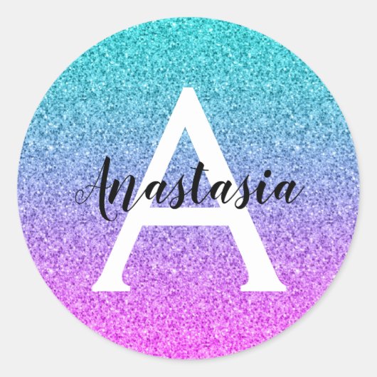 Glans Paars Aqua Glitter Schittering Gradiënt Mono Ronde Sticker (Voorkant)