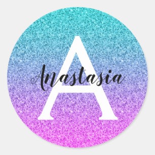 Glans Paars Aqua Glitter Schittering Gradiënt Mono Ronde Sticker