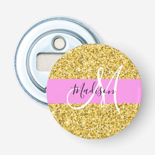 Glans Roze en Gouden Glitters Schitterende Monogra Button Flesopener