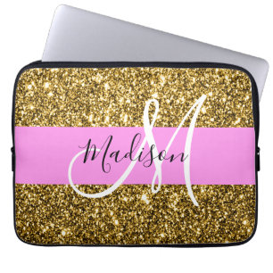Glans Roze en Gouden Glitters Schitterende Monogra Laptop Sleeve