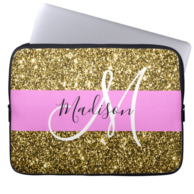 Glans Roze en Gouden Glitters Schitterende Monogra Laptop Sleeve (Voorkant)